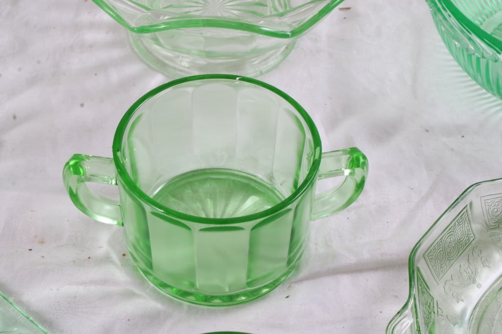 Uranium Glass Sugar Creamer Bowls Plates - 9