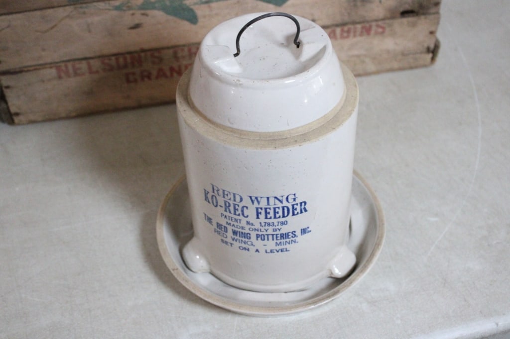 3 Stoneware Chicken Feeders & Advertising Crate - 12
