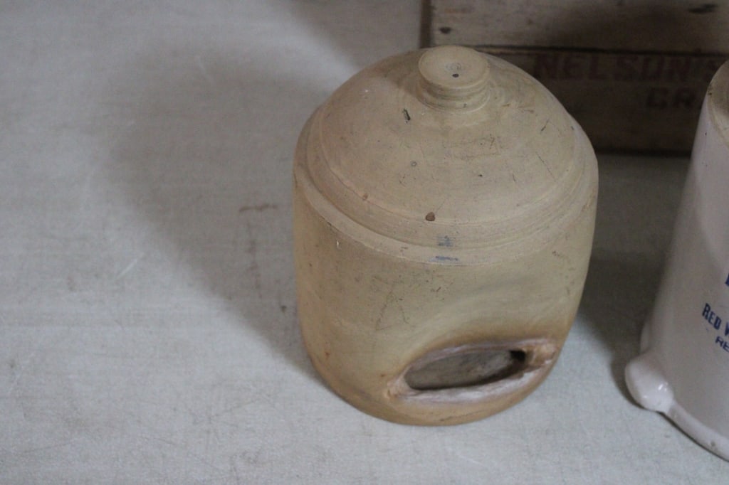 3 Stoneware Chicken Feeders & Advertising Crate - 2