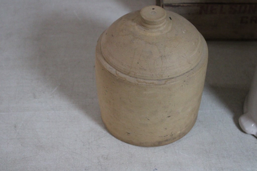 3 Stoneware Chicken Feeders & Advertising Crate - 3