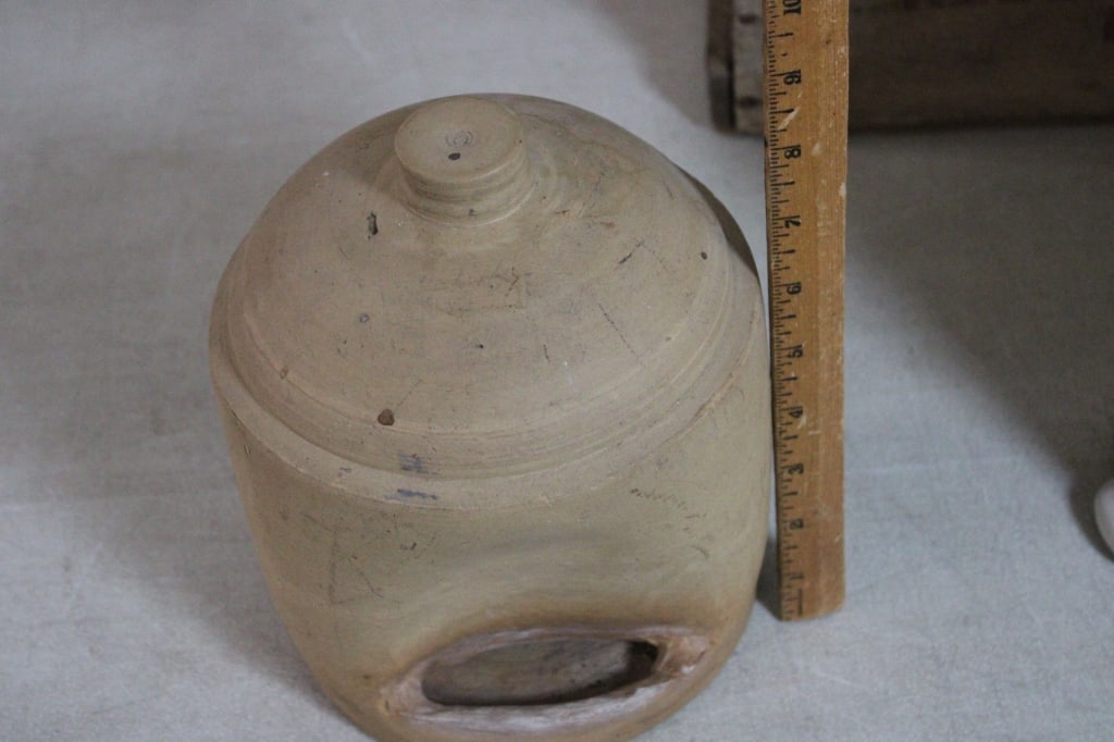 3 Stoneware Chicken Feeders & Advertising Crate - 5