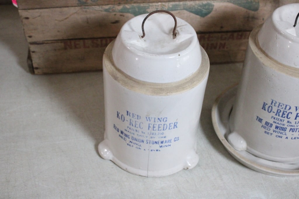 3 Stoneware Chicken Feeders & Advertising Crate - 6