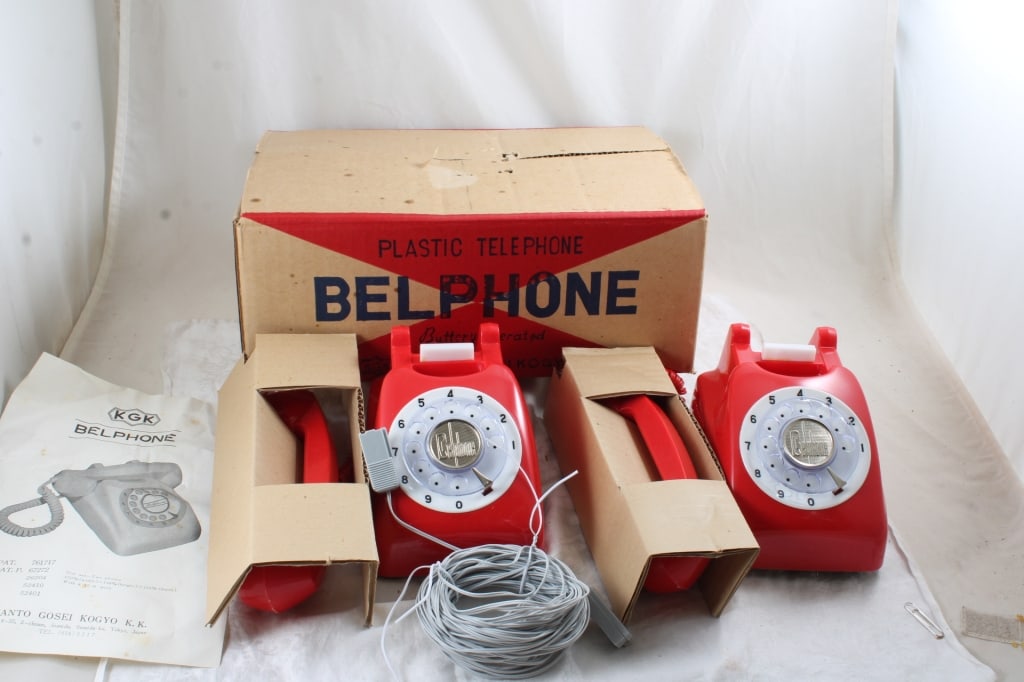 1970 Japan KGK Set Red Belphone Battery Telephones: 1970 Japan KGK Set Red Belphone Battery Telephones - Made in Japan in box. Appear unused. Lot Size 14" x 9" x 6". 4 Lbs. All information and photos, which are part of the description, are intended to 