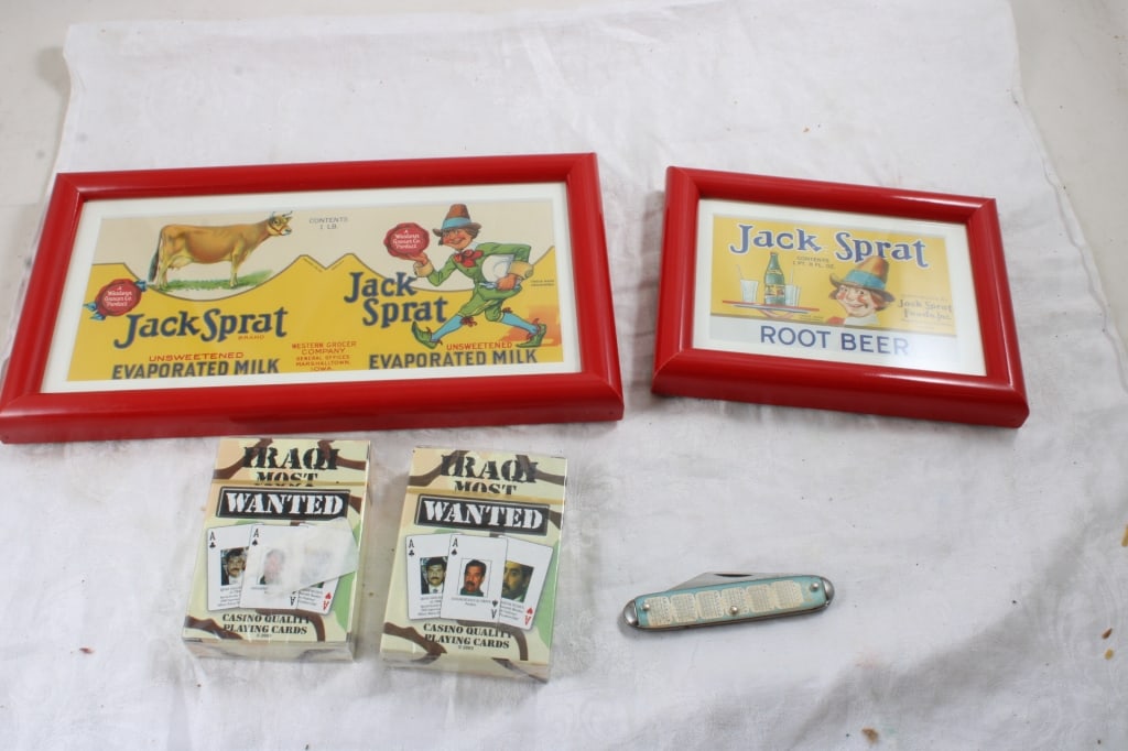 Novelty Knife, 2 Jack Sprat Labels, Iraqi Cards: Novelty Knife, 2 Jack Sprat Labels, Iraqi Cards - 1994 Novelty Calendar Knife, 2 Framed Jack Sprat Root Beer and Evaporated Milk Labels, 2 Decks of Iraqi Most Wanted Cards Sealed. Lot Size 11" x 6" x
