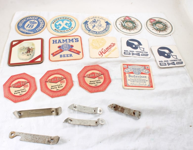13 Beer Coasters & 5 Bottle Openers: 13 Beer Coasters & 5 Bottle Openers - Hamm's, Grain Belt, Budweiser, Johnny Walker, Pabst Blue Ribbon (WW2 Coaster) and more. Lot Size 5" x 5" x 2". All information and photos, which are part of the