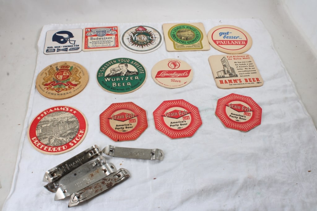 13 Beer Coasters & 5 Bottle Openers: 13 Beer Coasters & 5 Bottle Openers - Hamm's, Grain Belt, Budweiser, Wurtzer and More. Lot Size 5" x 5" x 2". 1 Lb. All information and photos, which are part of the description, are intended to be