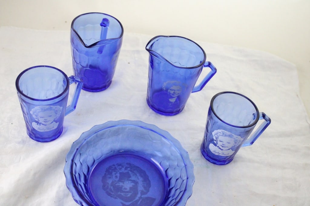 Shirley Temple Blue Glass Pitchers, Glasses, Bowl - 10