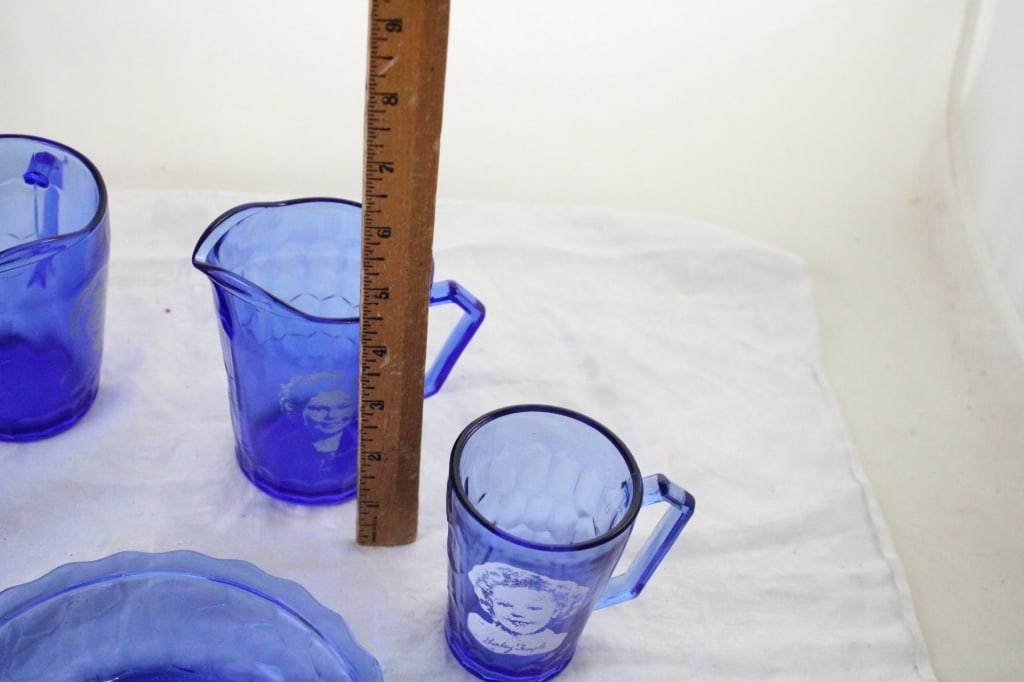 Shirley Temple Blue Glass Pitchers, Glasses, Bowl - 12