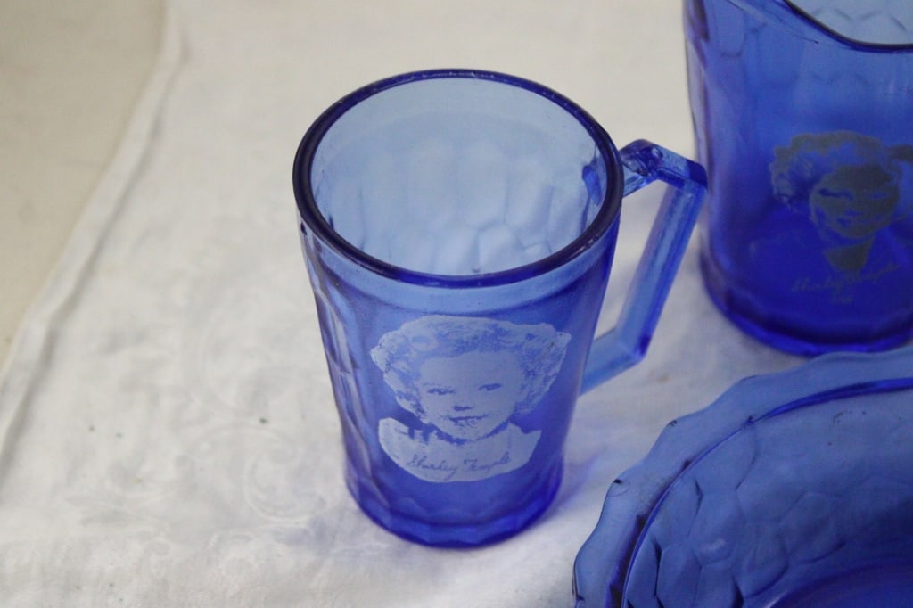 Shirley Temple Blue Glass Pitchers, Glasses, Bowl - 2