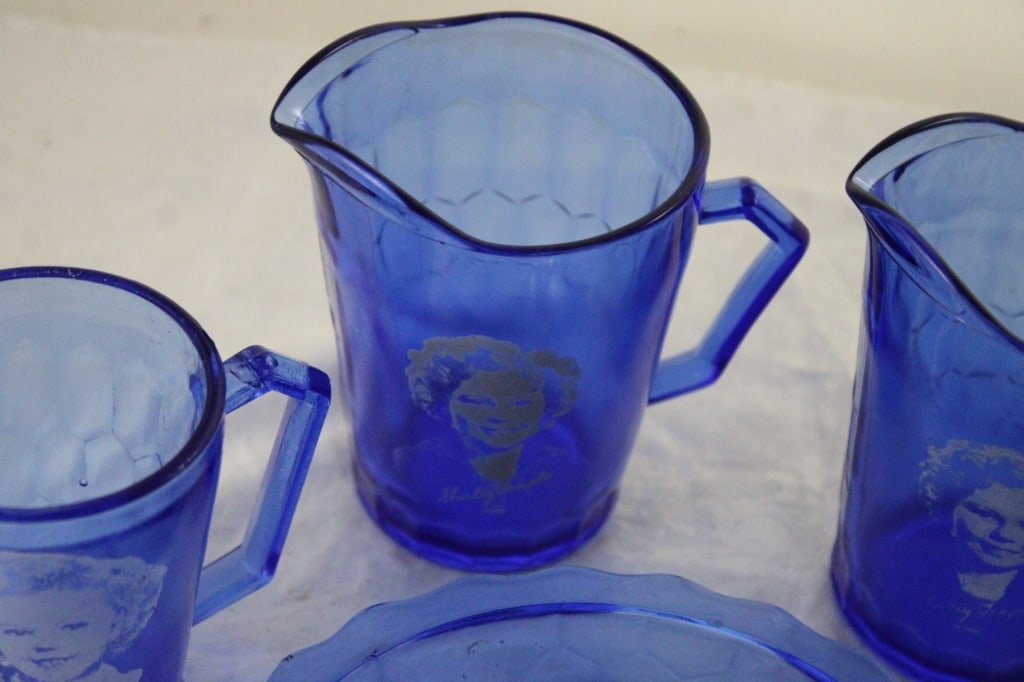 Shirley Temple Blue Glass Pitchers, Glasses, Bowl - 3