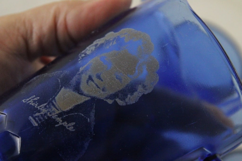 Shirley Temple Blue Glass Pitchers, Glasses, Bowl - 5