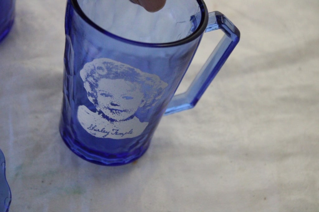 Shirley Temple Blue Glass Pitchers, Glasses, Bowl - 6