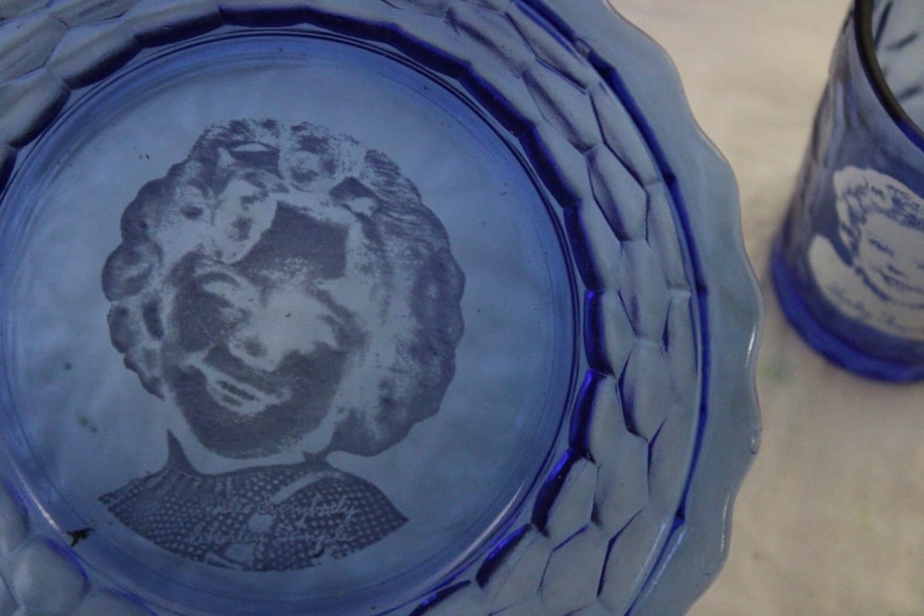 Shirley Temple Blue Glass Pitchers, Glasses, Bowl - 7