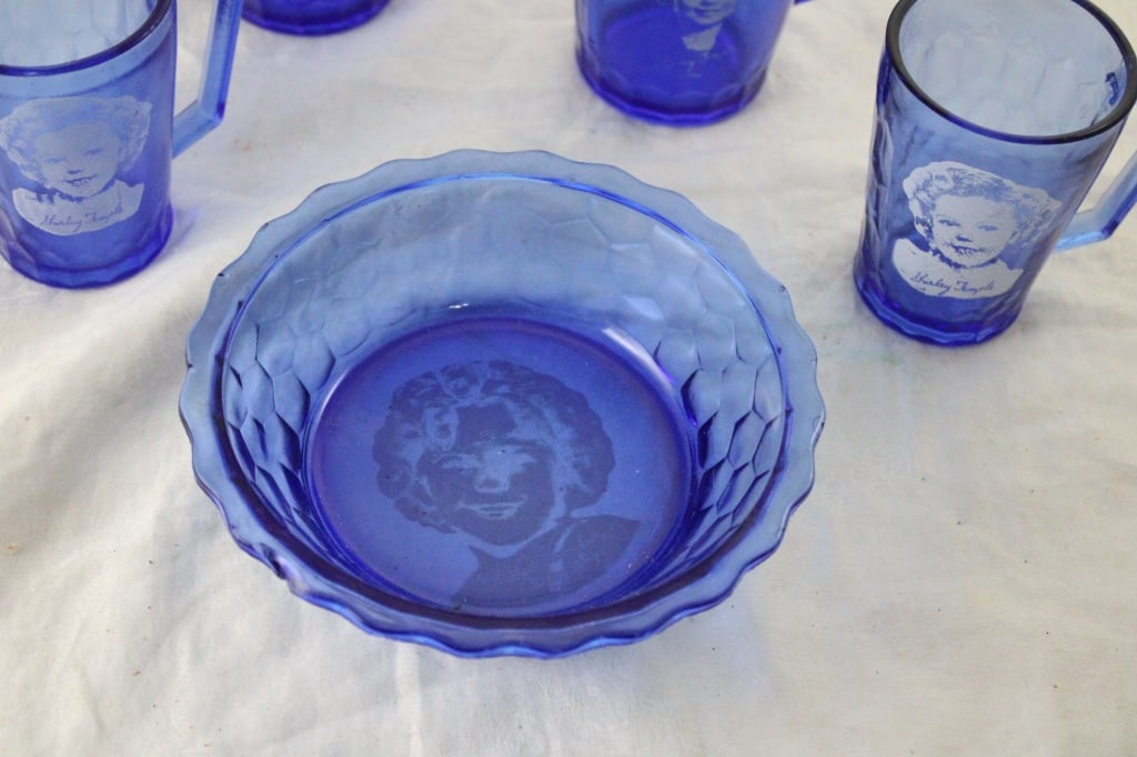Shirley Temple Blue Glass Pitchers, Glasses, Bowl - 9