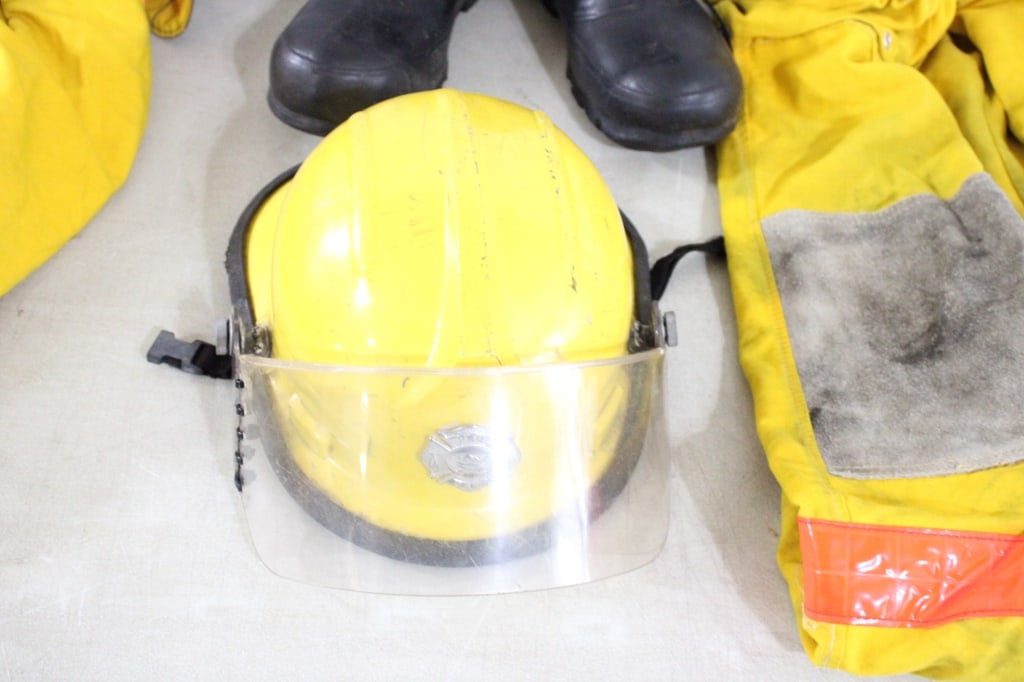 Bullard Fireman Helmet, Clothing, Boots in Tote - 10