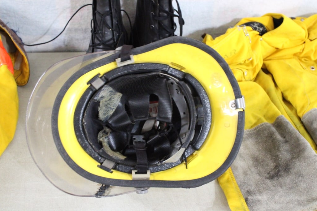 Bullard Fireman Helmet, Clothing, Boots in Tote - 12