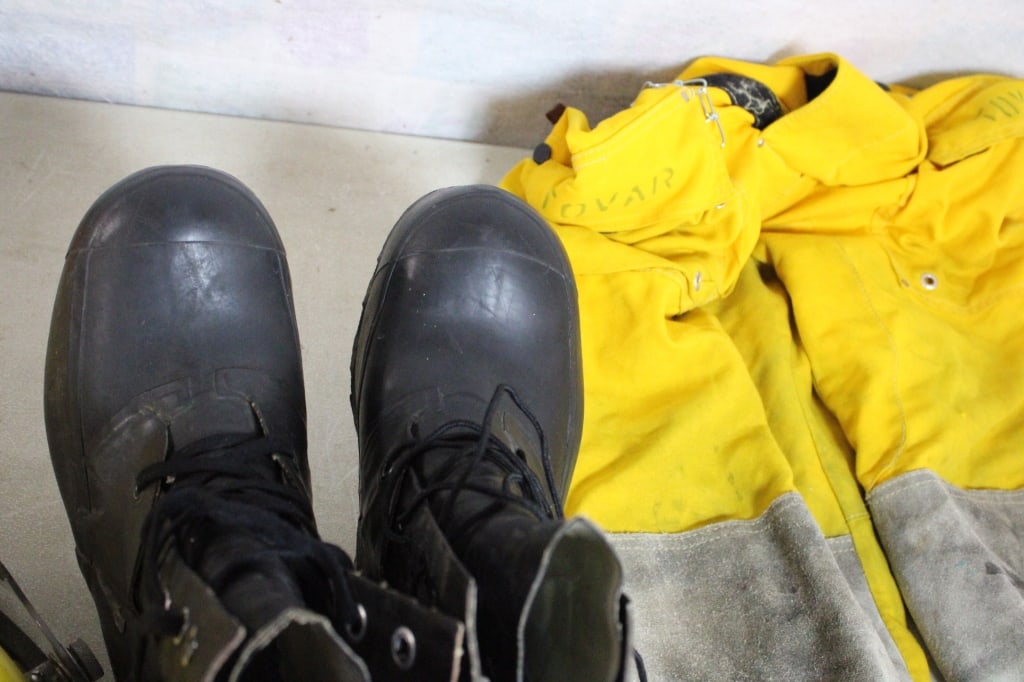 Bullard Fireman Helmet, Clothing, Boots in Tote - 18