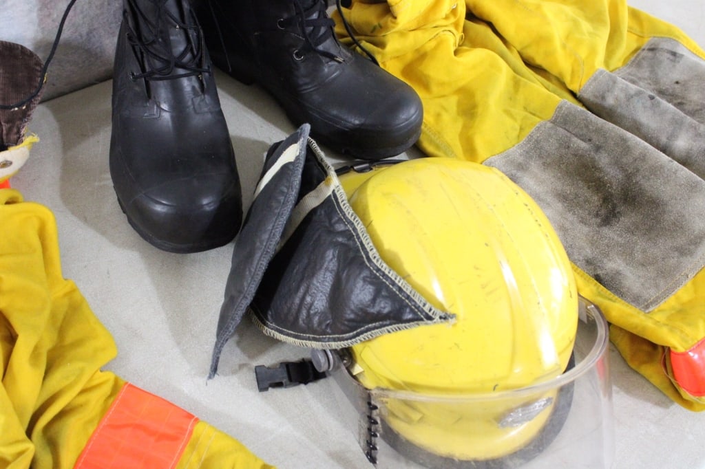 Bullard Fireman Helmet, Clothing, Boots in Tote - 4