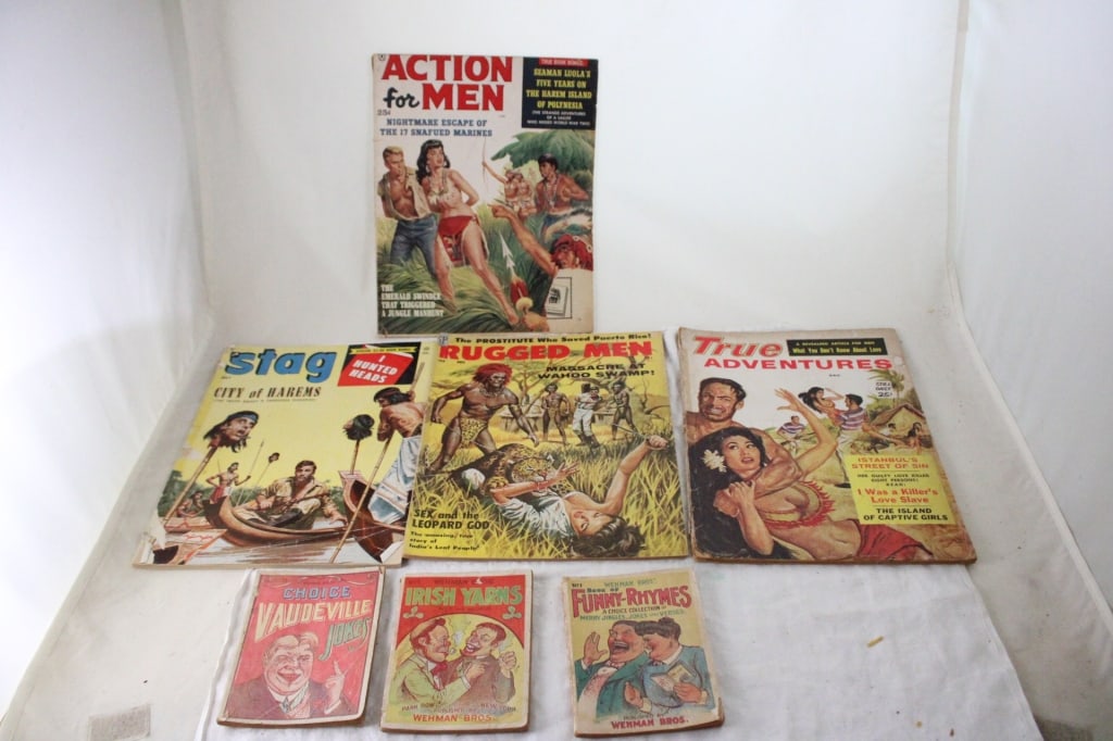 4 Men's Magazines '50s, 3 Wehman Bros Booklets: 4 Men's Magazines '50s, 3 Wehman Bros Booklets - Lot Size 11" x 9" x 2". 2 Lbs. All information and photos, which are part of the description, are intended to be as accurate as possible, but errors