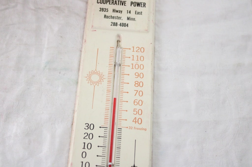 Adv Thermometer, Brass Bells, Wood Cheese Box - 11