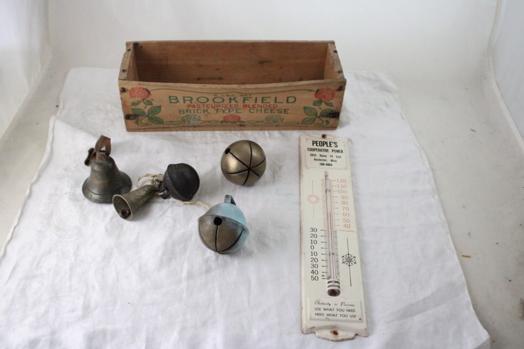 Adv Thermometer, Brass Bells, Wood Cheese Box (1 of 20)