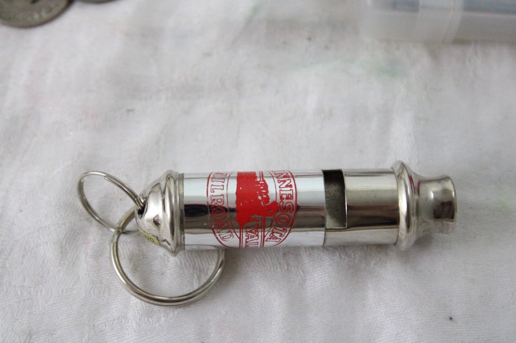 WW2 Celluloid Bank, Adv Pins, Whistle & More - 3