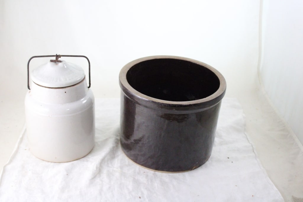 Stoneware Butter Crock and Packing Jar: Stoneware Butter Crock and Packing Jar - Albany Slip Glaze 9" 10 Lb. Butter Crock with Hairline Crack and Weir Stoneware Packing Jar. Lot Size 10" x 9" x 9". 10 Lbs. All information and photos, which