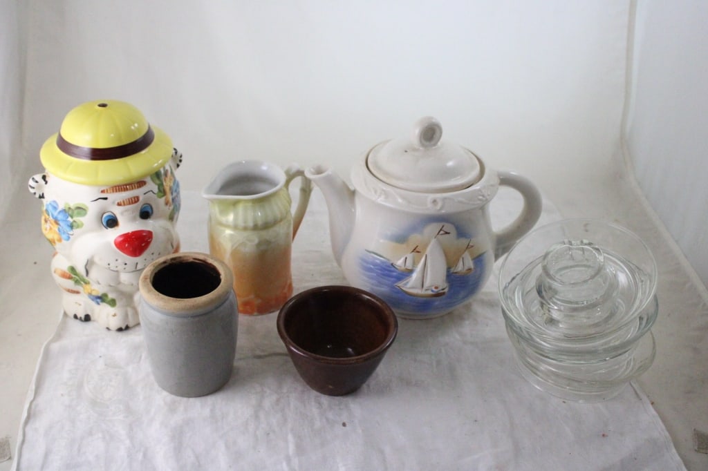Bavaria Pitcher, Red Wing Custard Cup & More: Bavaria Pitcher, Red Wing Custard Cup & More - Bear Cookie Jar, Glass Chicken Waterers. Lot Size 12" x 12" x 8". 11 Lbs. All information and photos, which are part of the description, are intended to 