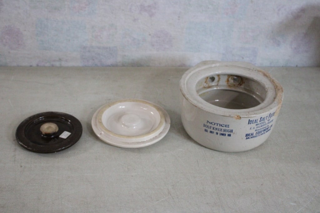 Ideal Stoneware Salt Feeder and 2 Lids: Ideal Stoneware Salt Feeder and 2 Lids - Ideal Salt Feeder is Model B, Macomb Stoneware Lid and One other Stoneware Lid. Lot Size 10" x 10" x 7". 16 Lbs. All information and photos, which are part of