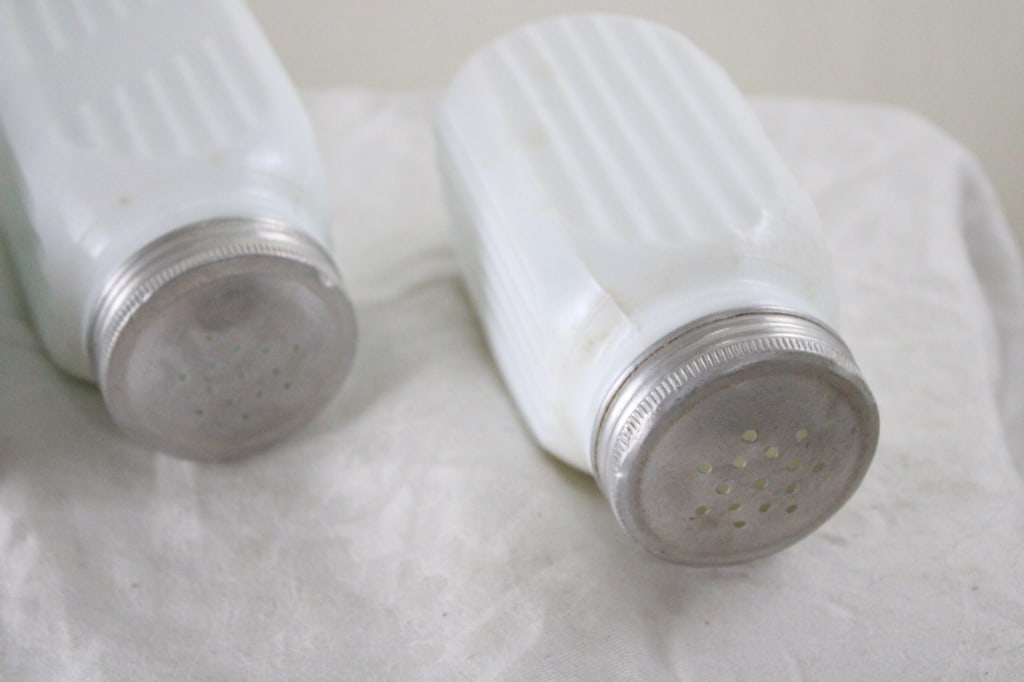 3 Milk Glass Ribbed Shakers - 10