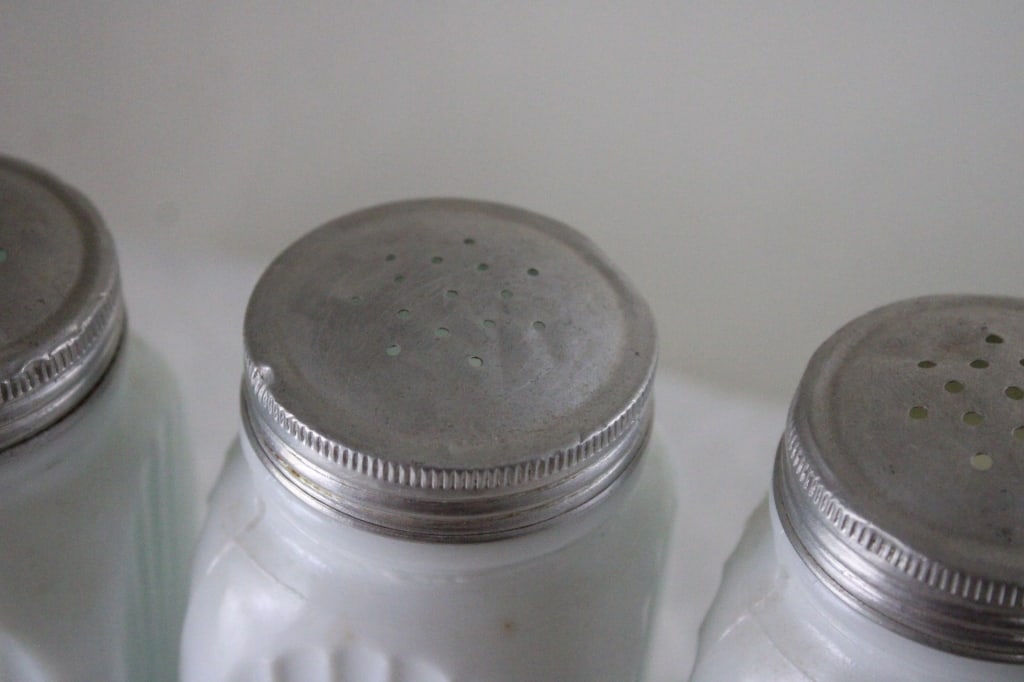 3 Milk Glass Ribbed Shakers - 3