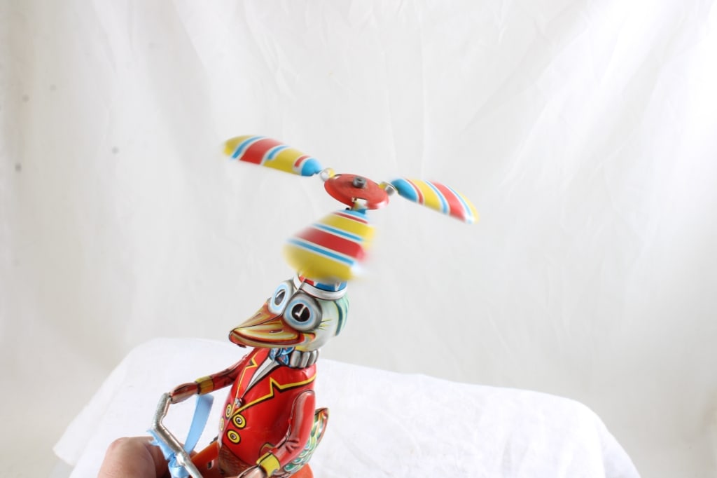 West Germany Windup Tin Duck on Trike Toy Works - 2