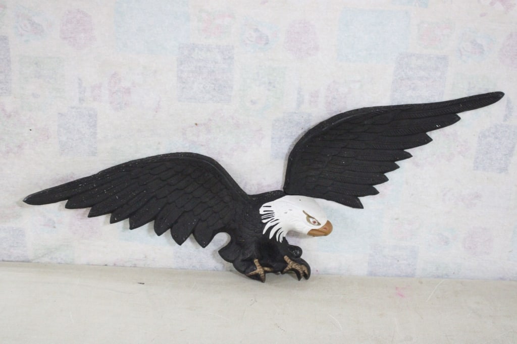 40" Cast Aluminum Bald Eagle Wall Hanging: 40" Cast Aluminum Bald Eagle Wall Hanging - Lot Size 40" x 12" x 6". 6 Lbs. All information and photos, which are part of the description, are intended to be as accurate as possible, but errors are