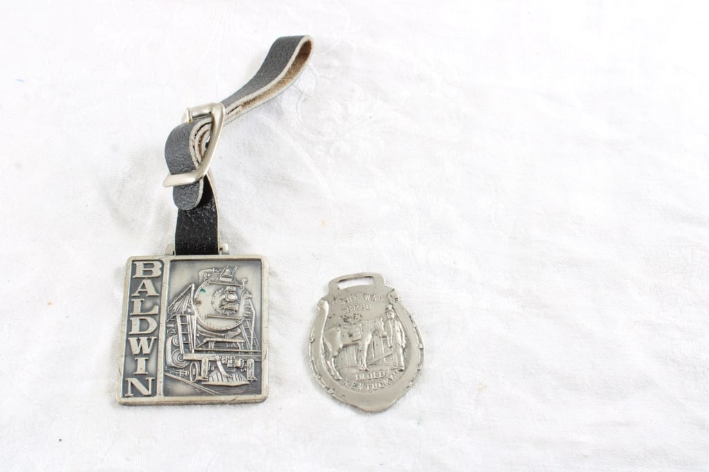 Green River Whiskey & Baldwin Train Watch Fobs: Green River Whiskey & Baldwin Train Watch Fobs - 1908 Green River Whiskey Watch Fob and Baldwin Locomotives Watch Fob. Lot Size 5" x 3" x 3". .5 Lb. 1908 Green River Whiskey Watch Fob All information
