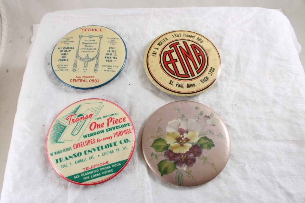 4 Antique Advertising Celluloid Paperweight Mirror: 4 Antique Advertising Celluloid Paperweight Mirror - Lot Size 4" x 4" x 2". 2 Lbs. All information and photos, which are part of the description, are intended to be as accurate as possible, but