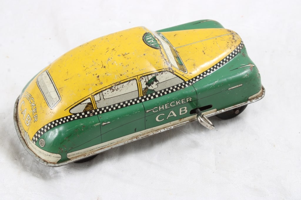 Courtland Tin Litho Checkered Windup Taxi Cab - 3