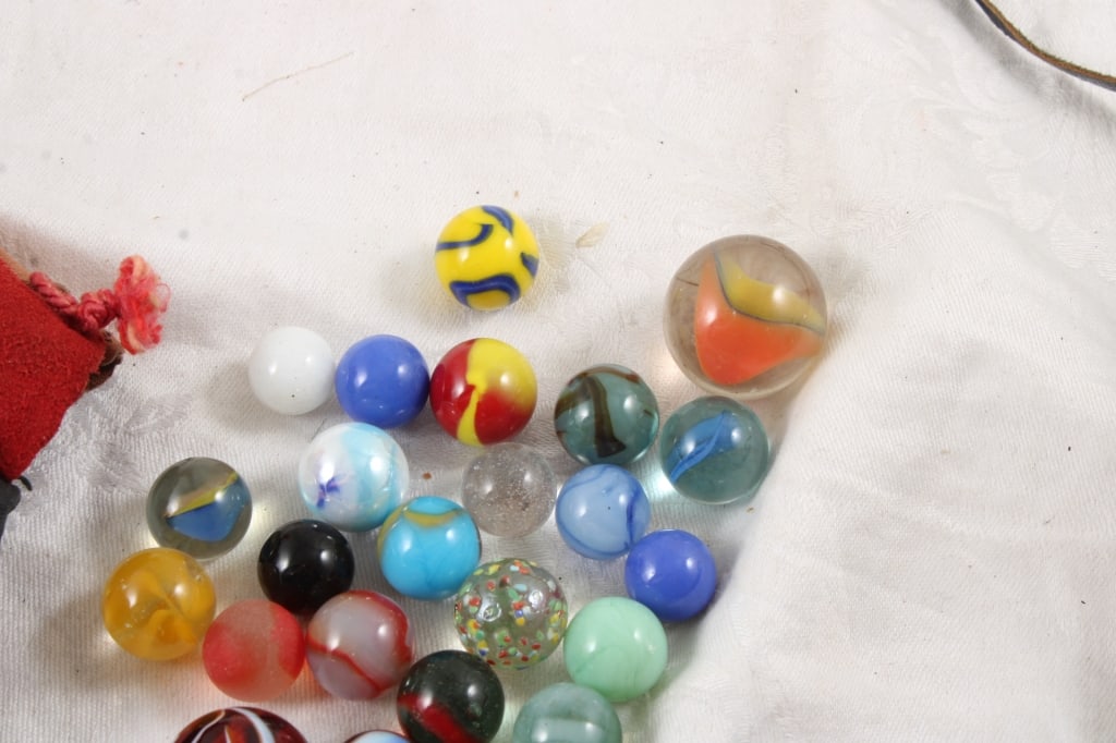 2 Leather Draw String Bags with Marbles & Jacks - 10