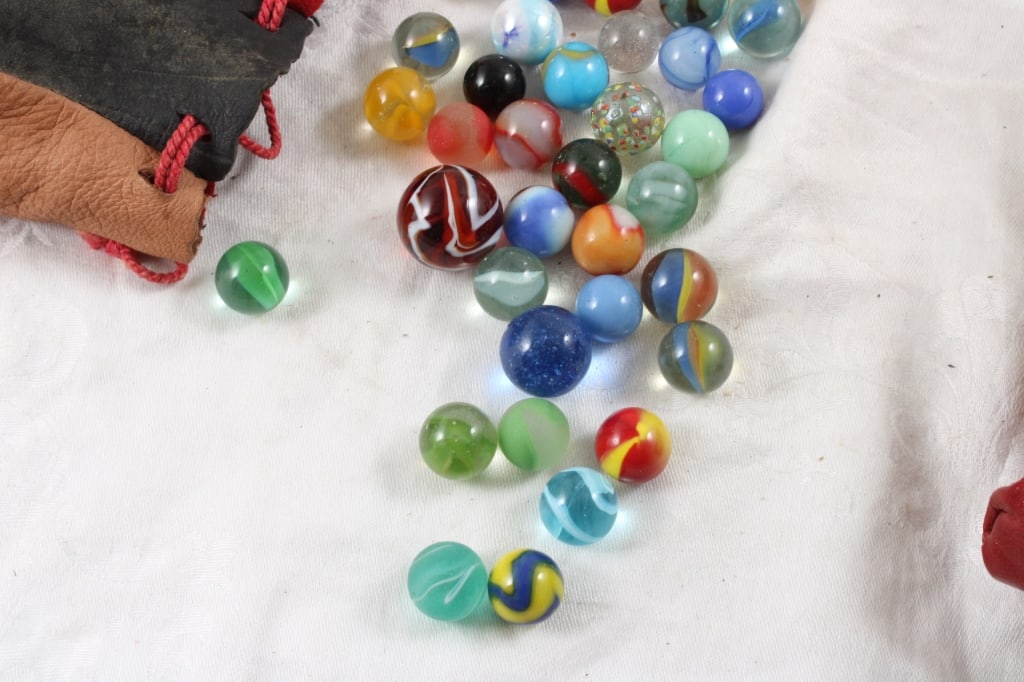 2 Leather Draw String Bags with Marbles & Jacks - 11