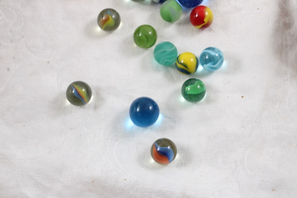 2 Leather Draw String Bags with Marbles & Jacks - 12