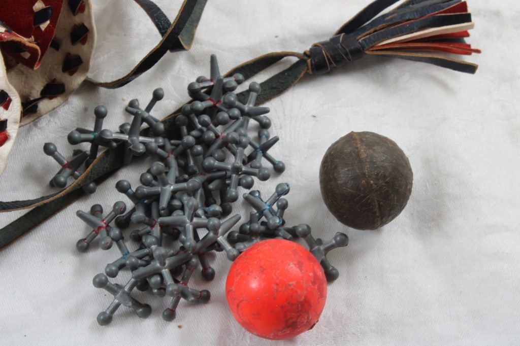 2 Leather Draw String Bags with Marbles & Jacks - 8