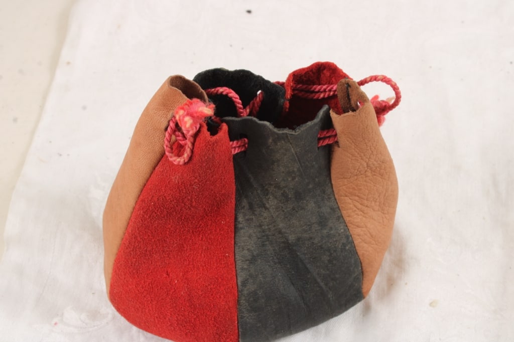 2 Leather Draw String Bags with Marbles & Jacks - 9