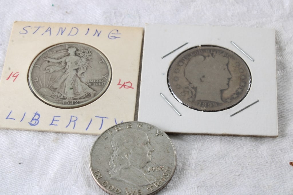 1899 Barber Half, 1942 Half & 1963 Franklin Half: 1899 Barber Half, 1942 Half & 1963 Franklin Half - all Half Dollars. Lot Size 2" x 2" x 1". .5 Lb. All information and photos, which are part of the description, are intended to be as accurate as