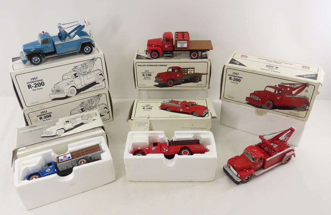 5 1st Gear 1:34 Scale Diecast Tow & Stake Trucks: 5 1st Gear 1:34 Scale Diecast Tow & Stake Trucks - 1955 Diamond-T Full Rack Stake Truck, 1957 International R-200 Tow Truck, 1957 International R-190 Fire Truck, 1957 International R-190 Half Rack