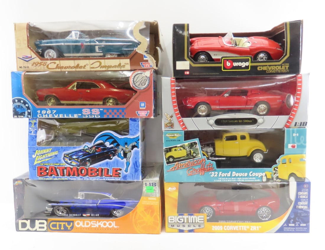 8 Jada, Motor Max & Other 1:18 Diecast Cars: 8 Jada, Motor Max & Other 1:18 Diecast Cars - Jada 2009 Corvette ZR1, Jada 1956 Chevrolet Bel Air, Road Signature 1968 Shelby GT-500KR, Burago 1957 Chevrolet Corvette, Motor Max 1967 Chevelle SS 396,