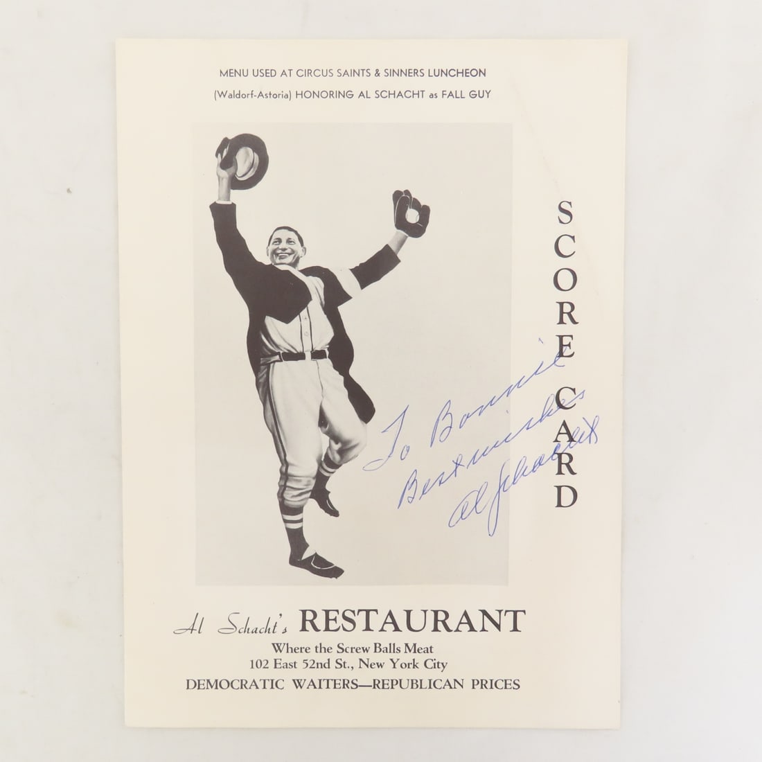 Al Schacht's Scorecards & Menu- 1 Signed & More - 2