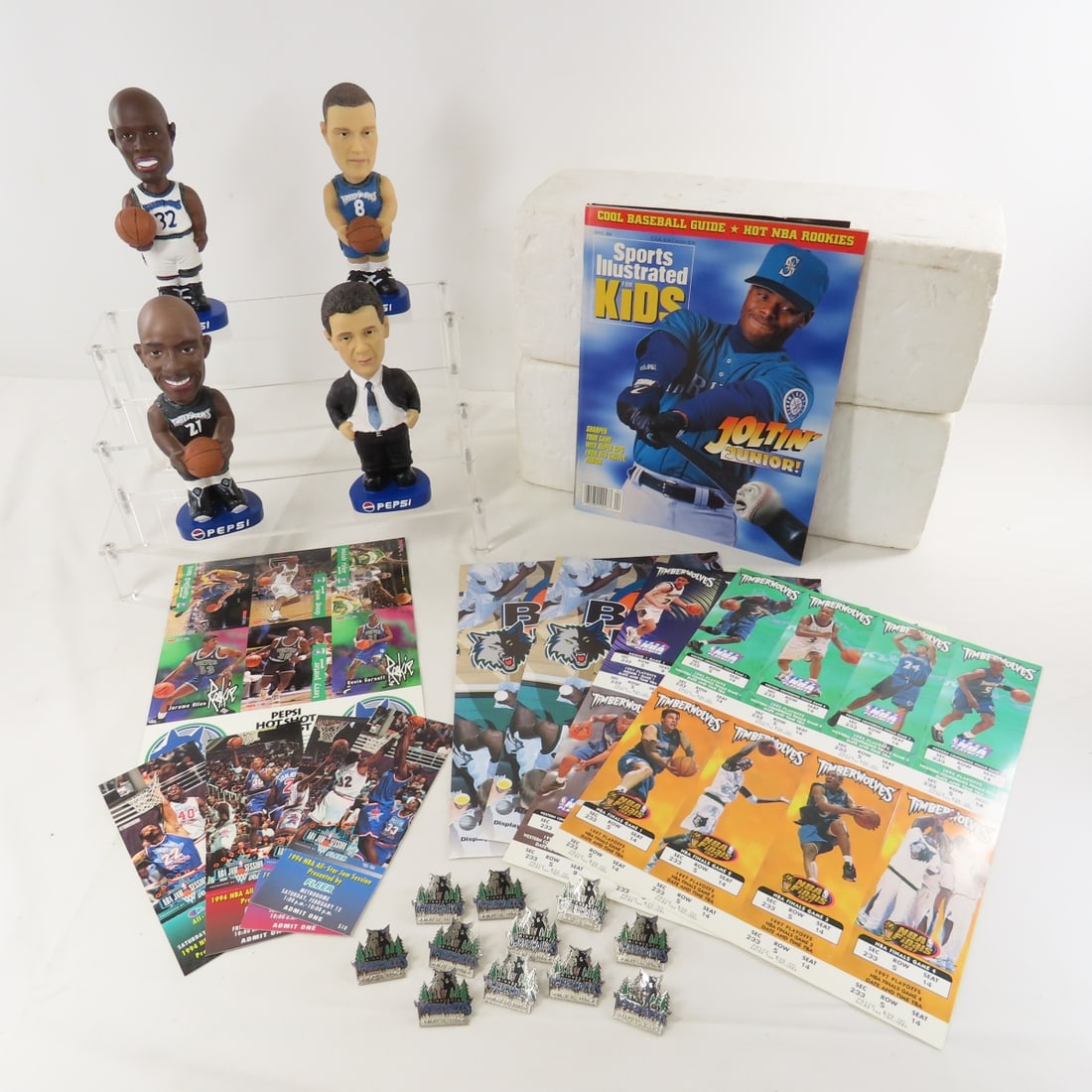 MN Timberwolves Bobbleheads, Tickets & Pins: MN Timberwolves Bobbleheads, Tickets & Pins - 1994 all-star tickets, unused 1997 playoffs tickets and ephemera, 1996 Pepsi Hot Shot contest card sheet- Garnett & Allen rookie, 4 bobbleheads: Kevin