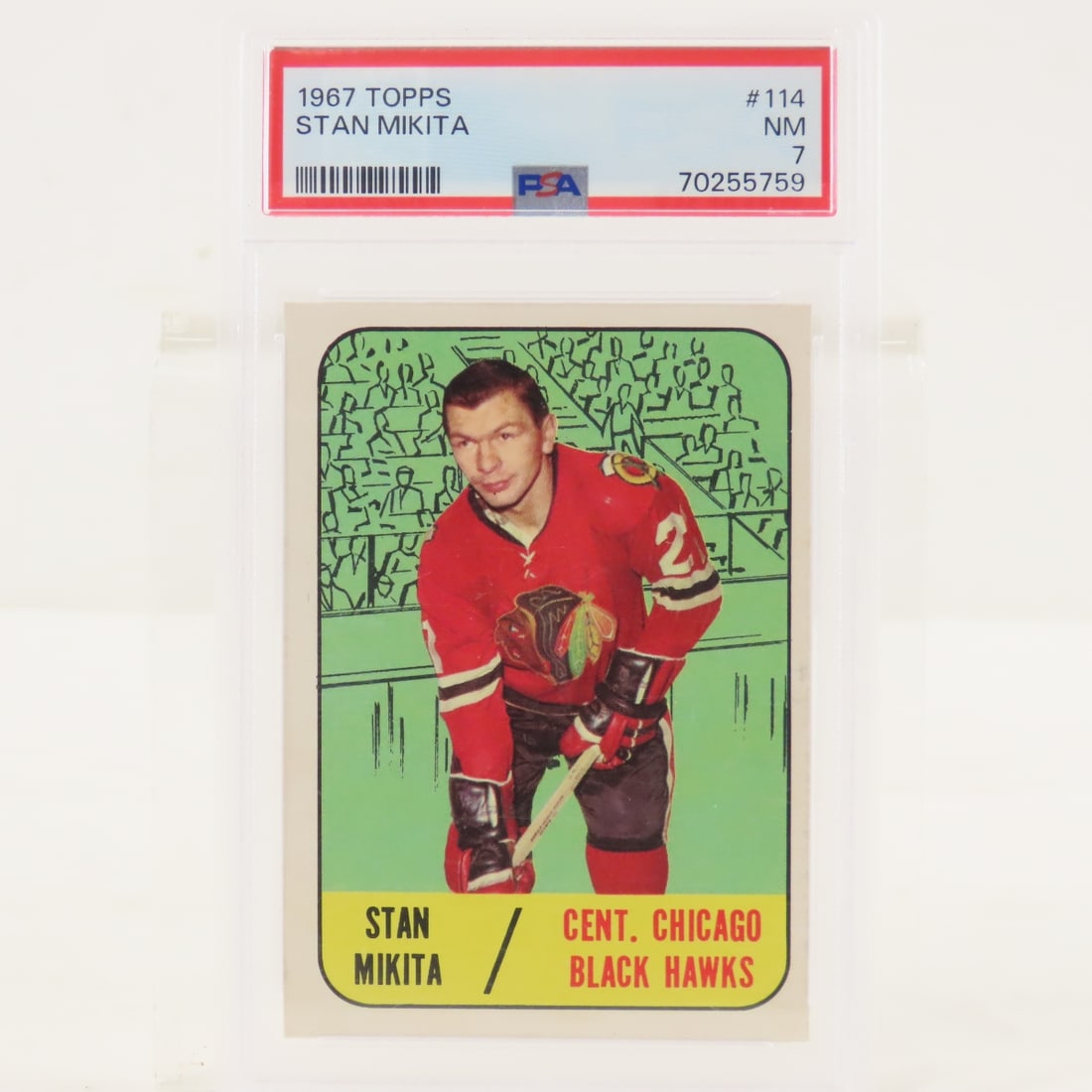 1967 Topps Stan Mikita #114 PSA 7 NM: 1967 Topps Stan Mikita #114 PSA 7 NM - Lot Size 5.5x3.5x.5" 1 LB All information and photos, which are part of the description, are intended to be as accurate as possible, but errors are possible. No 