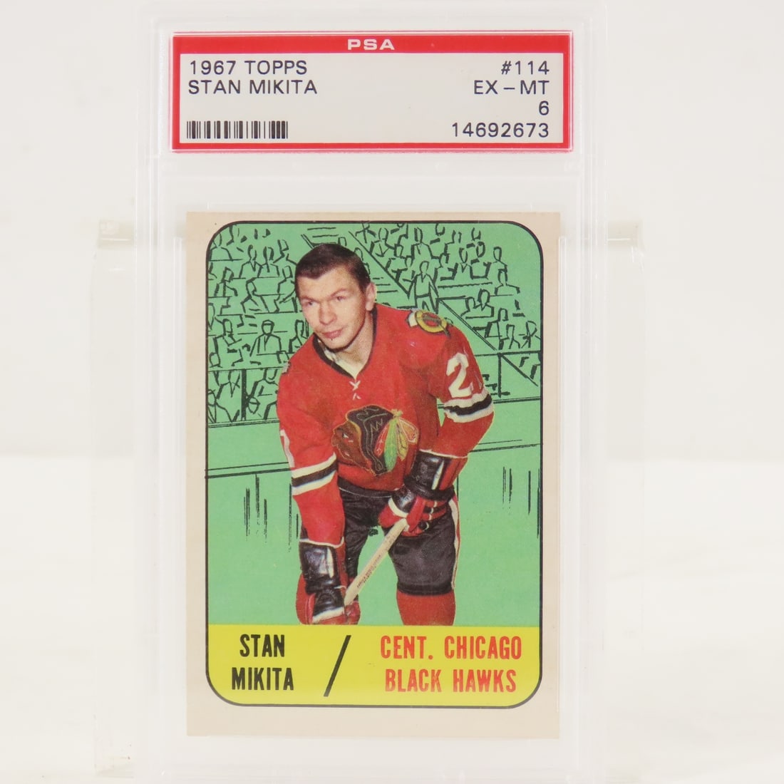 1967 Topps Stan Mikita #114 PSA 6 EX-MT: 1967 Topps Stan Mikita #114 PSA 6 EX-MT - Lot Size 5.5x3.5x.5" 1 LB All information and photos, which are part of the description, are intended to be as accurate as possible, but errors are possible.