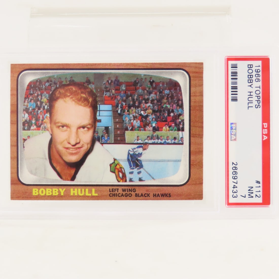 1966 Topps Bobby Hull #112 PSA 7 NM: 1966 Topps Bobby Hull #112 PSA 7 NM - Lot Size 5.5x3.5x.5" 1 LB All information and photos, which are part of the description, are intended to be as accurate as possible, but errors are possible. No