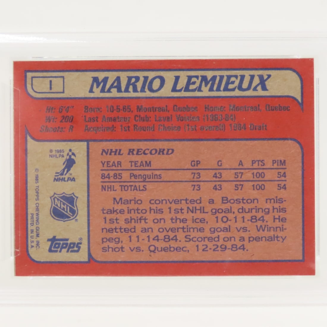 1985 Topps Box Bottoms Mario Lemieux #1 PSA 8 NMMT - 4